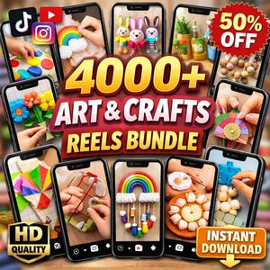 Puede incluir: Imagen promocional que muestra un paquete de carretes de arte y manualidades. El texto central dice "4000+ ART & CRAFTS REELS BUNDLE" con una etiqueta de "50% OFF". La imagen presenta múltiples pantallas de teléfonos inteligentes que muestran varios proyectos de manualidades.