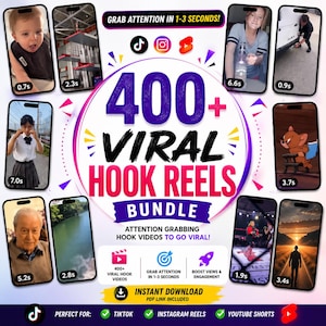 400+ Virala Hook Reels-paket, TikTok, Instagram, YouTube-shorts (digital nedladdning)