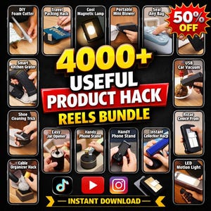 Puede incluir: Imagen promocional que muestra un paquete de más de 4000 trucos de productos útiles. La imagen presenta varias demostraciones de productos, incluyendo un cortador de espuma, una lámpara magnética, un mini soplador y más. El texto incluye "50% DE DESCUENTO" y "Descarga instantánea."