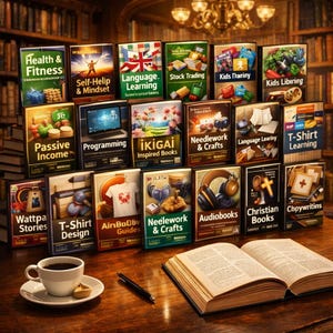 May include: A collection of books on a wooden table, including titles like "Health & Fitness," "Self-Help & Mindset," and "Stock Trading." A cup of coffee and an open book are also on the table, with a library background.