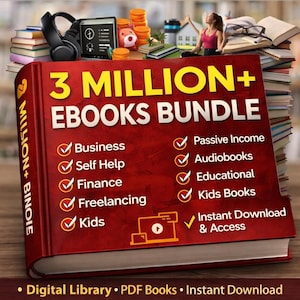 May include: A red book titled "3 MILLION+ EBOOKS BUNDLE" with yellow text. The book cover lists topics like Business, Self Help, and Finance. The image includes a stack of books, headphones, and an e-reader.