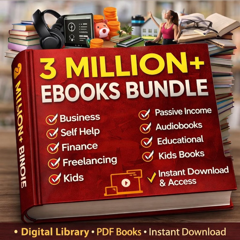 May include: A red book titled "3 MILLION+ EBOOKS BUNDLE" with yellow text. The book cover lists topics like Business, Self Help, and Finance. The image includes a stack of books, headphones, and an e-reader.