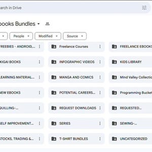 May include: Screenshot of a Google Drive interface, displaying a folder titled "Ebooks Bundles." The interface shows various subfolders categorized by topic, including "Freebies," "Freelance Courses," "Health & Fitness," and "Language Learning." The Drive interface also shows the storage usage.