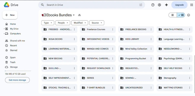 May include: Screenshot of a Google Drive interface, displaying a folder titled "Ebooks Bundles." The interface shows various subfolders categorized by topic, including "Freebies," "Freelance Courses," "Health & Fitness," and "Language Learning." The Drive interface also shows the storage usage.