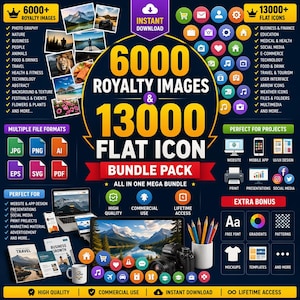Pode incluir: Um pacote digital com mais de 6000 imagens royalty free e mais de 13000 ícones planos. O gráfico inclui múltiplos formatos de arquivo e é perfeito para design de sites e aplicativos, apresentações e redes sociais.