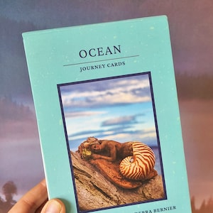 May include: A teal blue box with the text "OCEAN JOURNEY CARDS" and a picture of a mermaid sculpture on a piece of driftwood. The text "EARTH SCULPTURES BY DEBRA BERNIER" is at the bottom of the box.