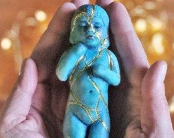 Kintsugi Child Statue, Blue by Shaping Spirit – Healing Altar Art, Home Decor Sculpture