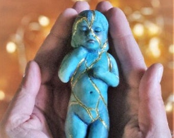 Kintsugi Child, Blue Childhood Healing Statue By Debra Bernier, Shaping Spirit