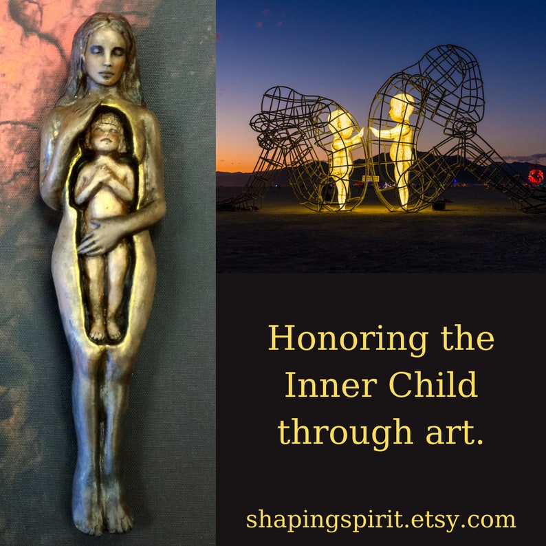 May include: A bronze-toned sculpture of a woman holding a child within her body, with a second image of a wireframe sculpture of two figures embracing illuminated figures. Text reads "Honoring the Inner Child through art."