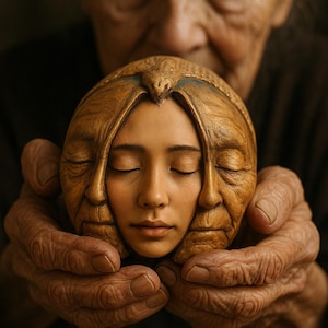 Puede incluir: Una escultura esférica de madera con tres rostros tallados: un rostro central joven con los ojos cerrados flanqueado por dos rostros mayores y arrugados, rematado con una figura de ave integrada en la superficie de madera pulida.