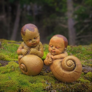 Two Snail Babies, Garden Siblings, Sage and Willow, by Shaping Spirit, Debra Bernier