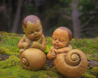 Two Snail Babies, Garden Siblings, Sage and Willow, by Shaping Spirit, Debra Bernier