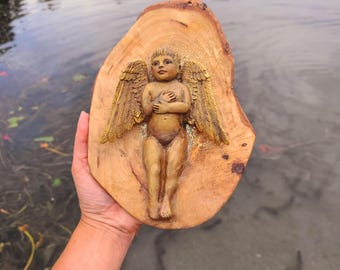Child Angel, Guardian Baby in Olive Wood, Wall Art by Debra Bernier,  Shaping Spirit