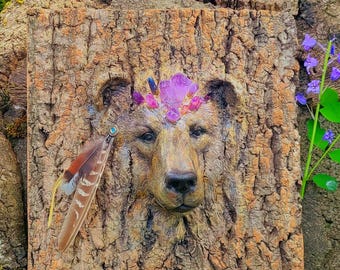 Bear Spirit Animal Tree Bark | Spiritual Sculpture
