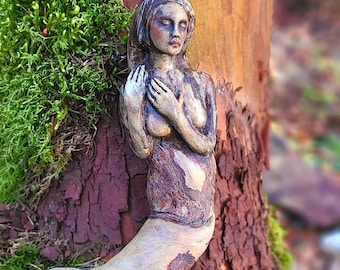 Houten zeemeermin, drijfhout magisch wezen van Debra Bernier, Believe in Dreams