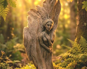 VERKOCHT en GERESERVEERD voor Mark Angel In Wood, drijfhout gevleugelde vrouw, helende kunst, door Debra Bernier, Shaping Spirit