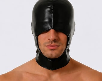 Herren Gothic Style Kunstleder Haubenmaske | Wet-Look Cosplay Kapuze | Halloween Clubwear Kostüm Accessoire