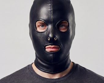 Faux Leather Full Face Hood Mask | Lace Up Cosplay Headwear, Halloween Accessory