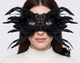 Federmaske für Maskenbälle | Halbmaske im Gothic-Stil | Karnevalsmaske | Kostümaccessoire für Veranstaltungen