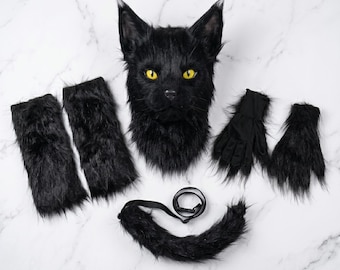 Schwarze Katze Stil Maske | Vollgesichtstier inspirierte Maske | Kunstpelz Kostüm Kopfschmuck | Halloween Party Zubehör