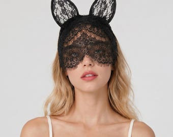 Spitze Katze Ohr Stil Stirnband | Augenmaske mit Schleier | Maskerade Party Kostüm Zubehör | Halloween Gothic Style Kopfschmuck | Date Night Geschenk