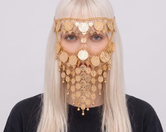 Gesichtsmaske mit Münzquaste | Haarschmuck-Schleiermaske | Boho-Festival-Kopfschmuck | Statement-Accessoire im Ethno-Stil | Kostümparty-Kleidung
