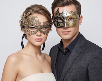 2-teiliges elegantes Maskerade-Masken-Set | Paare venezianische Party Masken | Karneval & Halloween Kostüm Accessoires