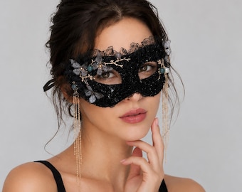 Schmetterling inspirierte Spitzenmaske | Pailletten Maskerade Augenmaske | Perle Quaste Party Maske | Elegantes Kostüm-Accessoire