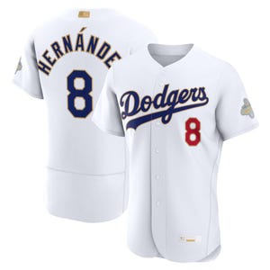 May include: White baseball jersey with the name "Hernández" and the number "8" on the back. The front of the jersey displays "Dodgers" and the number "8". The jersey has blue and red accents.
