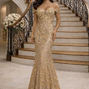 Gold Lace Mermaid Gown, Off Shoulder Sequin Evening Dress, Wedding Guest Formal Gown