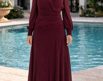 Burgund Chiffon Maxikleid, Langarm Abendkleid, Eleganter Hochzeitsgast, Mutter der Braut