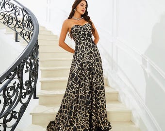 Schwarz Gold Pailletten Trägerlos Kleid , Luxus Formelle Abend Maxi Kleid