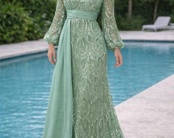 Salbeigrünes Pailletten-Maxikleid, Langarm-Abendkleid, Boho Glam Abendkleidung