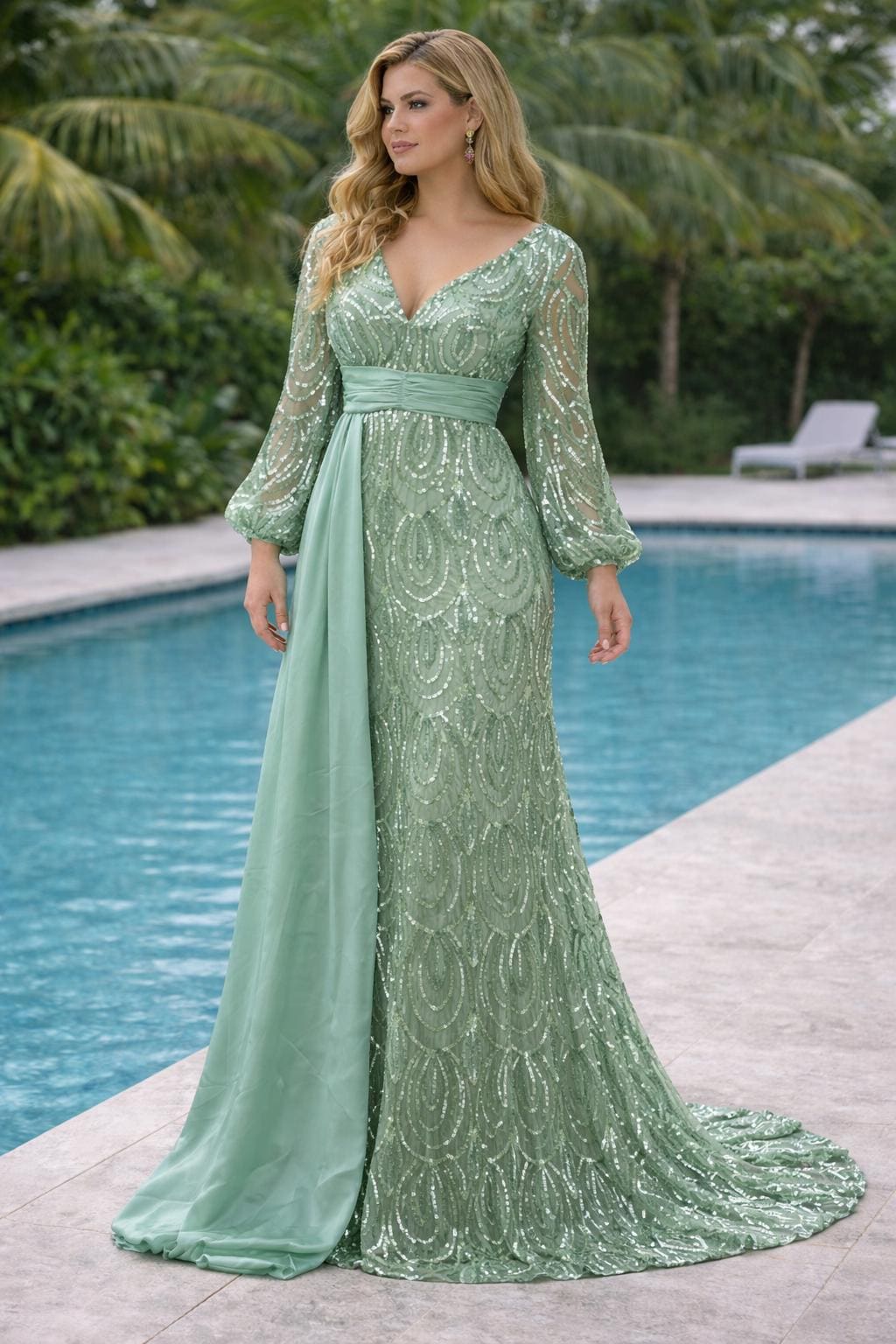 chinese dress ladies Flutter Sleeve V Neck Plunge Crepe Bridesmaid Dress - Sage main image 1
