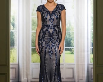 Sequin Evening Dress, Navy Blue Formal Gown, Emerald Green Maxi Dress, Elegant Long Dress, Wedding Guest Dress, Party Dress, Fitted Dress