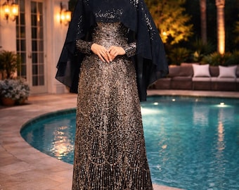 Schwarz Gold Pailletten Abendkleid mit Umhang, bescheidenes Abend Maxi Kleid
