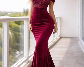 Burgunder Samt Meerjungfrau Kleid, Off-Shoulder Pailletten Mieder Abendkleid