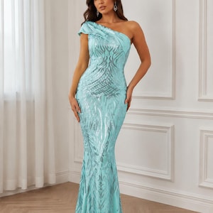 bright color formal dresses Turquoise Gown Sleeve Type_Bishop Sleeve