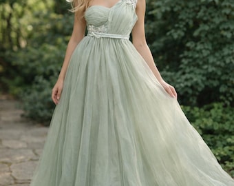 Sage Grün Tüll One Schulter Kleid, Fee Prinzessin formelle Maxi Kleid