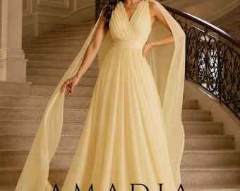 Gelbes Cape Cape Kleid, Elegantes bodenlanges Abendkleid in A-Linie, Satin oder Chiffon Schleppe