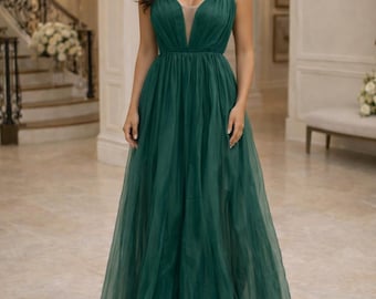 Smaragdgrün Tüll Kleid, Maxi Kleid mit tiefem V-Ausschnitt Spaghetti Strap