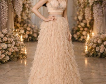 Blush Tüll Zweiteiler Kleid, Rüschen Rock, Korsett Top, Brautdusche, Verlobungsfeier Outfit