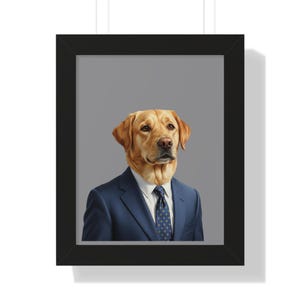 May include: Framed print featuring a Labrador Retriever wearing a navy blue suit and a patterned tie. The dog's head is centered against a gray background. The black frame adds a classic touch to the artwork.