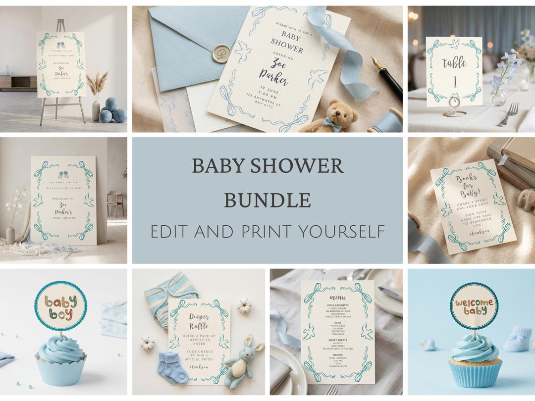 Boy Baby Shower Bundle Editable Minimal Blue Party Decor Kit Instant ...