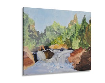 Pintura de paisaje en acrílico sobre vinilo blanco, lámina enmarcada.