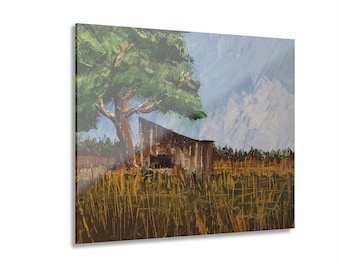 風景画、アクリル絵具、白ビニール製、額装プリント