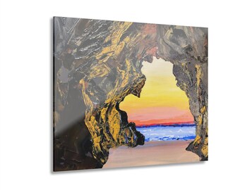 パレットナイフで描いた洞窟の風景画、アクリル絵具、白いビニール製、額装プリント
