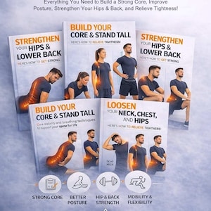 May include: Promotional image for the Pinnacle Posture & Pain Relief Series. The image features several brochures with text like "Strengthen Your Hips & Lower Back" and "Build Your Core & Stand Tall." The brochures show illustrations of people performing exercises. The Pinnacle Health logo is at the bottom.
