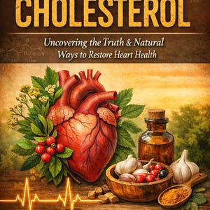 Op de afbeelding: Boekomslag met de titel "The Miseducation of CHOLESTEROL" met de tekst "Uncovering the Truth & Natural Ways to Restore Heart Health." Toont een hart, knoflook, bessen en een fles. Door Herbalist Joseph Sam.