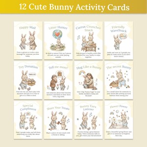 以下が含まれることがあります： 12匹の可愛いウサギのイラスト入りアクティビティカード。各カードには「Happy Mail」や「Flower Power」など、さまざまなアクティビティが記載されています。カードは柔らかい色と気まぐれなイラストでデザインされており、子供たちの活動に最適です。